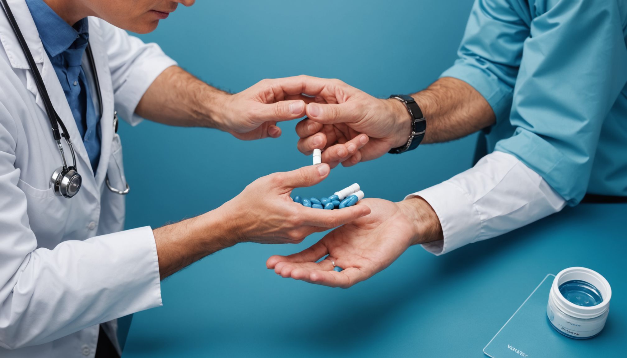 Illustration of a blue pill labeled Viagra with medical icons, heart and blood vessel symbols, and myth-versus-fact markers